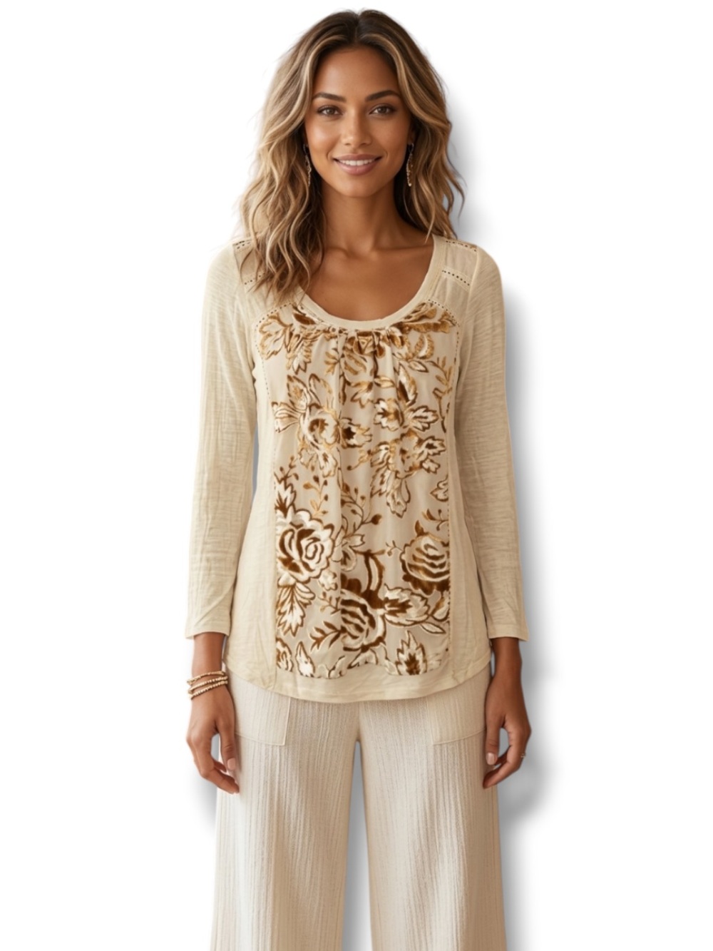 Anthropologie Meadow Rue Mariana Top Ivory Brown Burnout Velvet Floral Women’s S